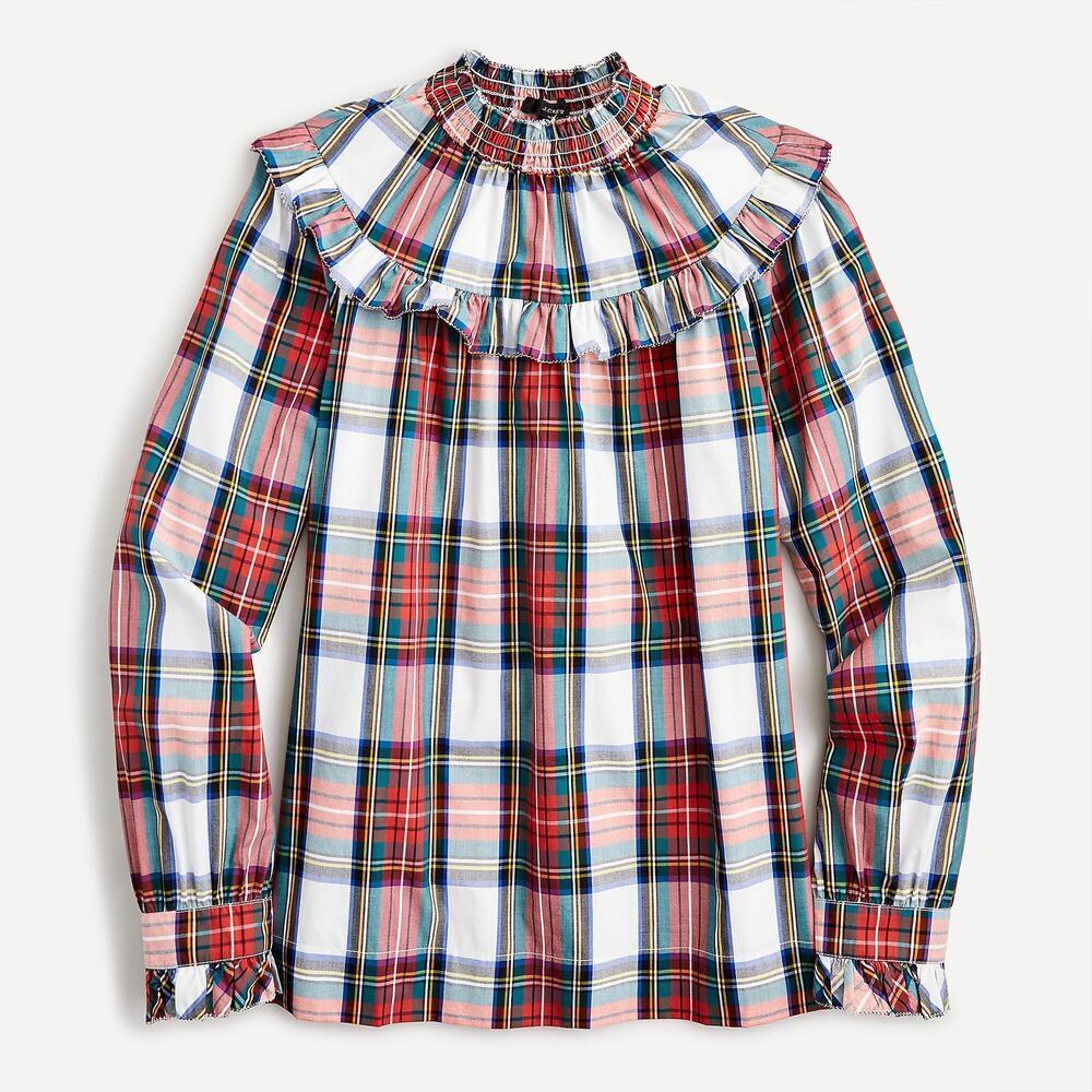 J. Crew Long Sleeve Smocked Popover Top Snowy Stewart Tartan Women's Medium NWT